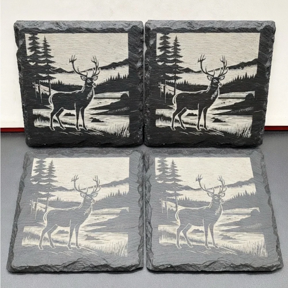 Rustic Deer Slate Coasters‎ - Black and Gray (Set of 4) Laser Engraved Coated